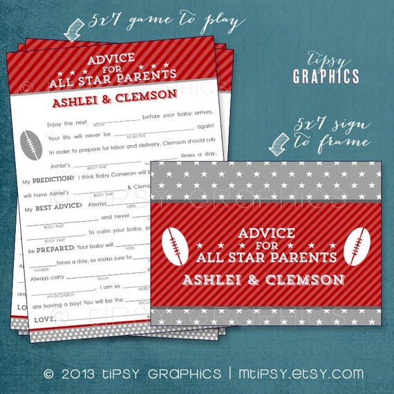 Football. Advice for All Star Baby or Parents. Funny MadLibs or Sweet Advice or Baby Stats. By Tipsy Graphics. Printable Cards any colors Il_570xn