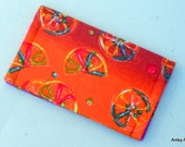 Psychedelic wallet ID wallet business gift card holder, vegan scrap fabric  citrus fruit slices on purple, green, orange bands