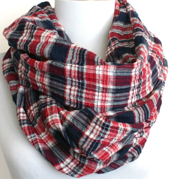 Plaid Infinity Scarf in Red White and Navy Blue Crinkled