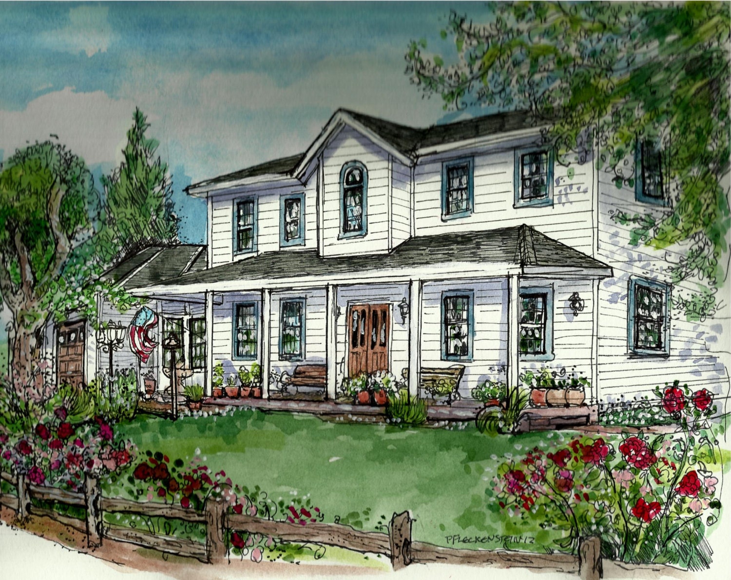 House Portrait in Pen/Ink and Watercolor Original Painting