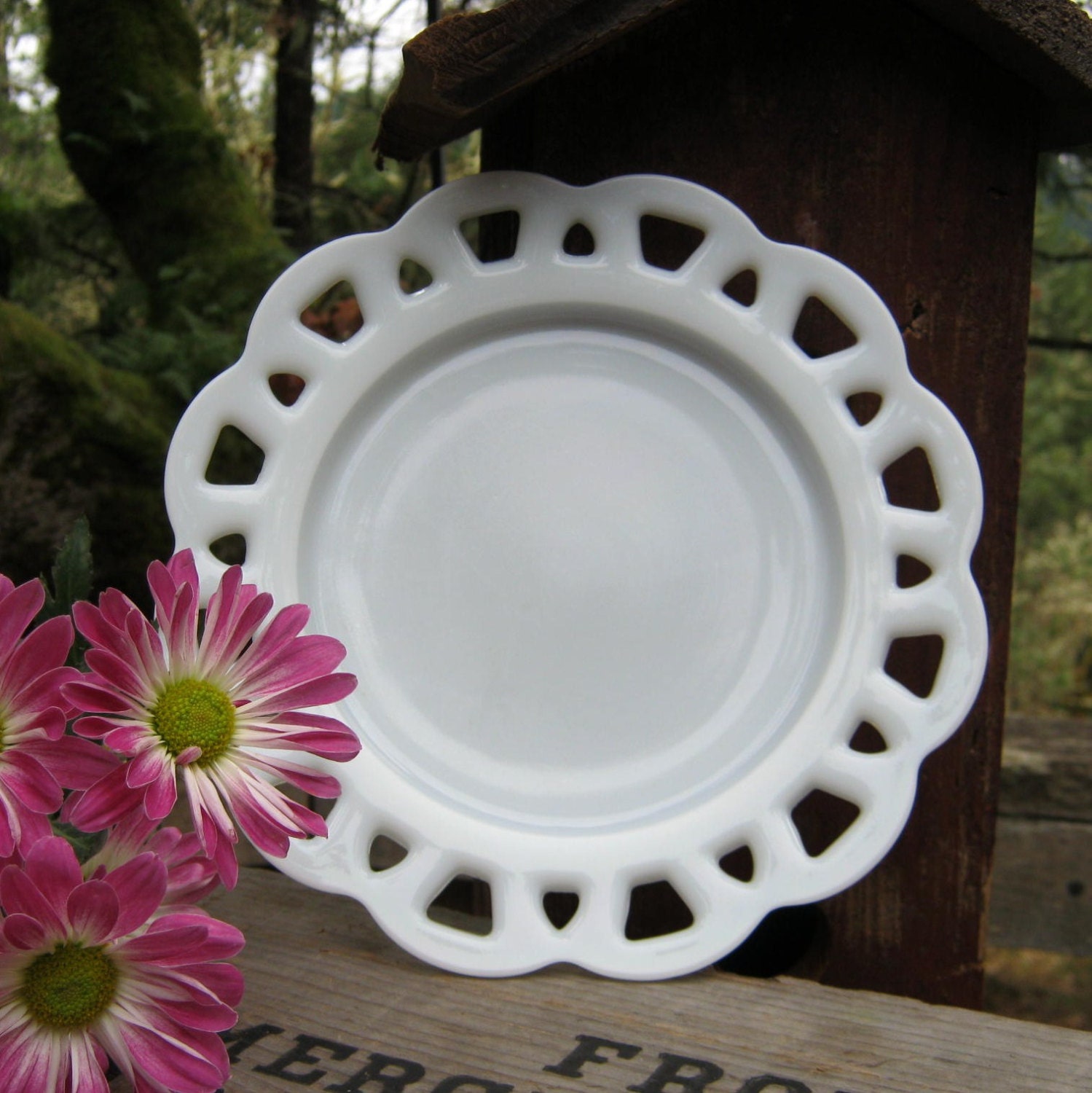 Open Lace White Milk Glass Salad Plate Oak Hill Vintage