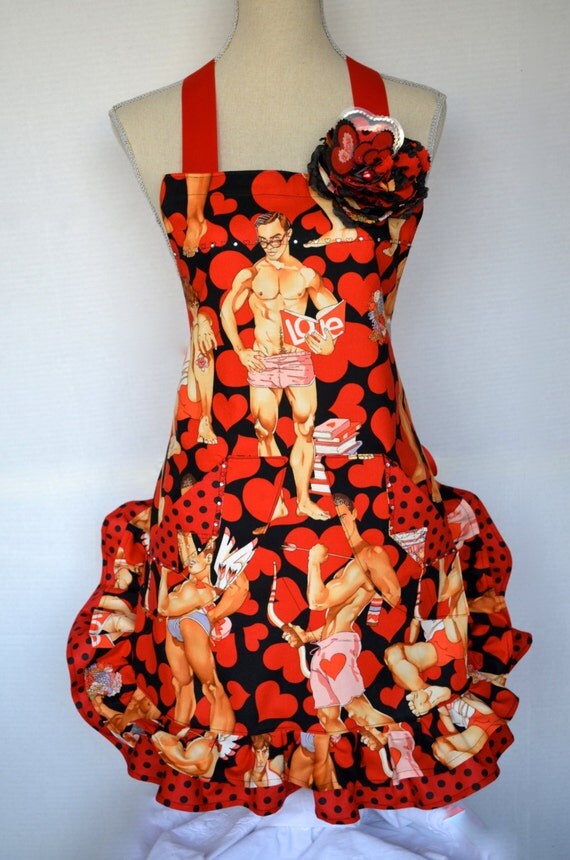 Womens Full Apron Retro Valentine Print Double by OliviabyDesign