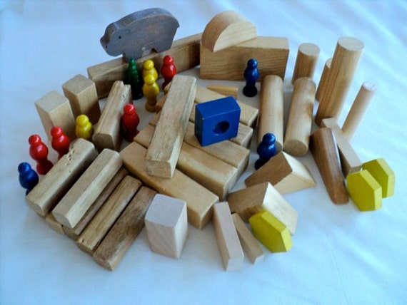 Vintage Kids Building Blocks and Wood Game Pieces Assorted