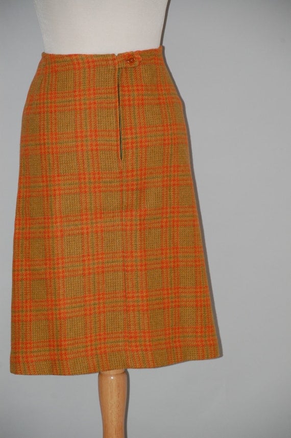 VINTAGE 60s Orange and Green Plaid Wool Skirt Size Medium