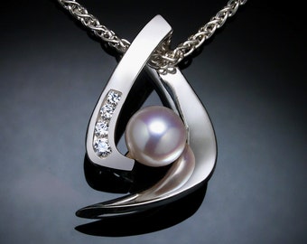 pearl necklace, June birthstone, pearl pendant, wedding necklace, white sapphires, Argentium silver necklace, gemstone jewelry - 3369