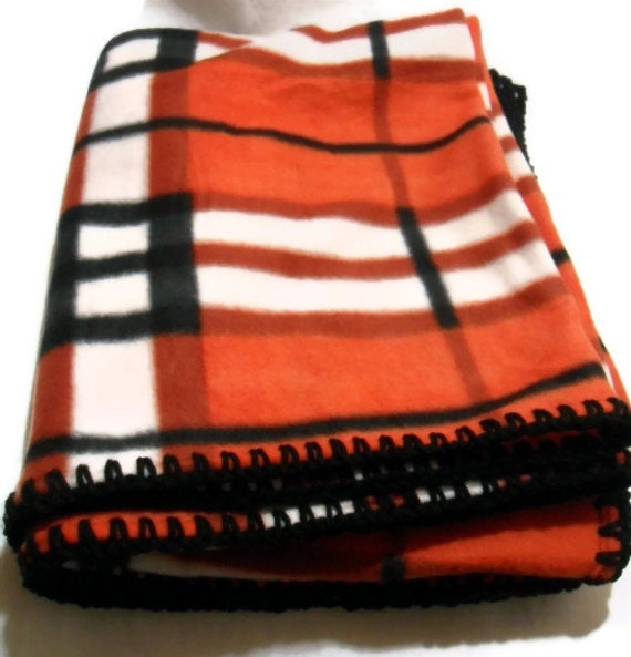 Black and Orange Plaid Fleece Throw Blanket with Black Crochet