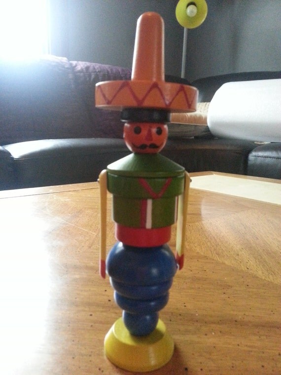 Vintage Hand Painted Wooden Mexican Stacking Toy Doll