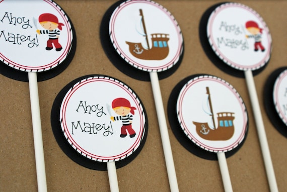 Pirate Cupcake Toppers - Boy's Pirate Birthday Party, Ahoy Matey, Pirate Ship, Red and Black Il_570xn