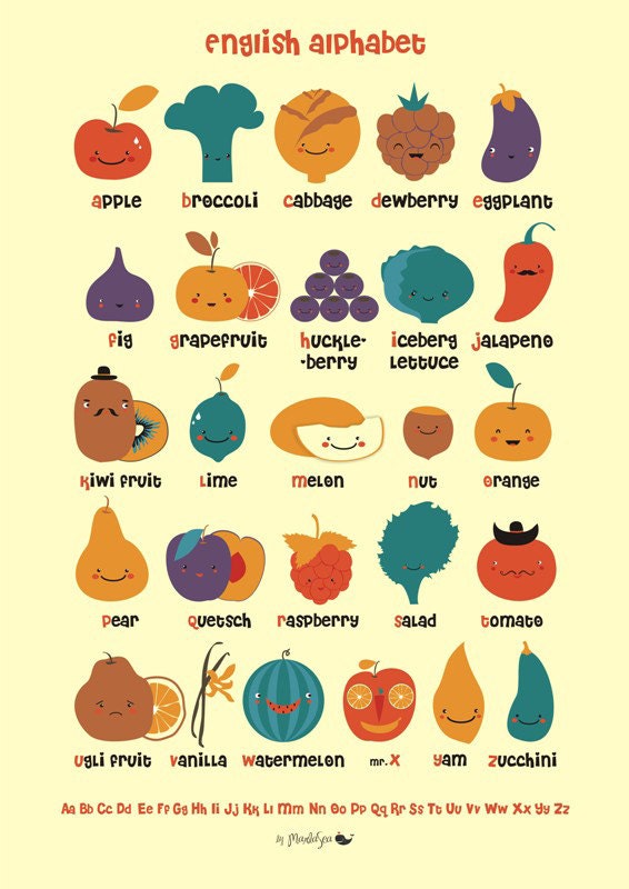 New A2 Size Fruit And Vegetable English Alphabet By Marlasea 