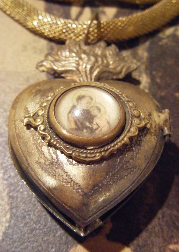 Sacred heart necklace reliquary saint puffy heart locket gold