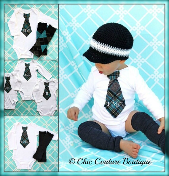 Baby Boy Preppy Little Man Plaid Set of Leg Warmers & Monogrammed / Personalized Tie Bodysuit Gray / Grey, Black, Aqua, Teal. Father Son by ChicCoutureBoutique