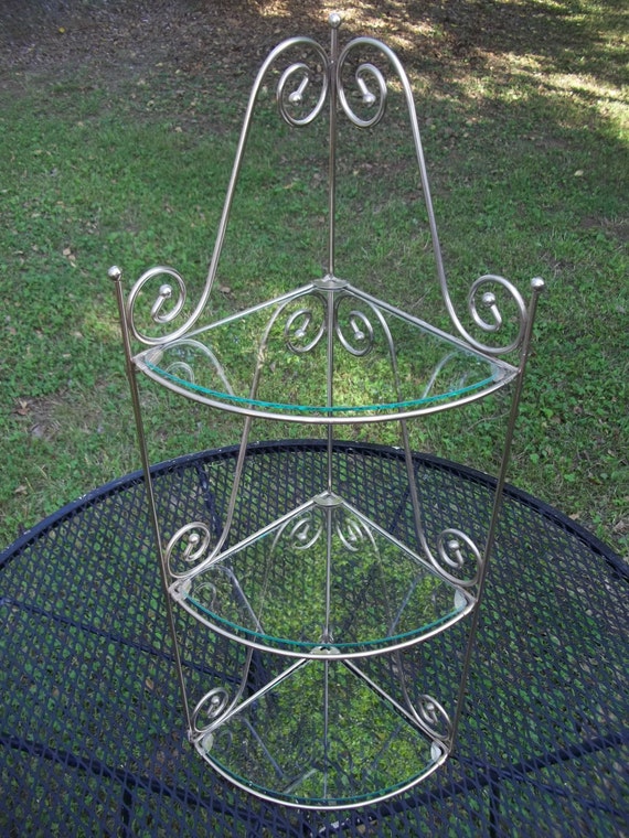 Vintage Gold Metal Ornate Corner Shelf with Glass Shelves