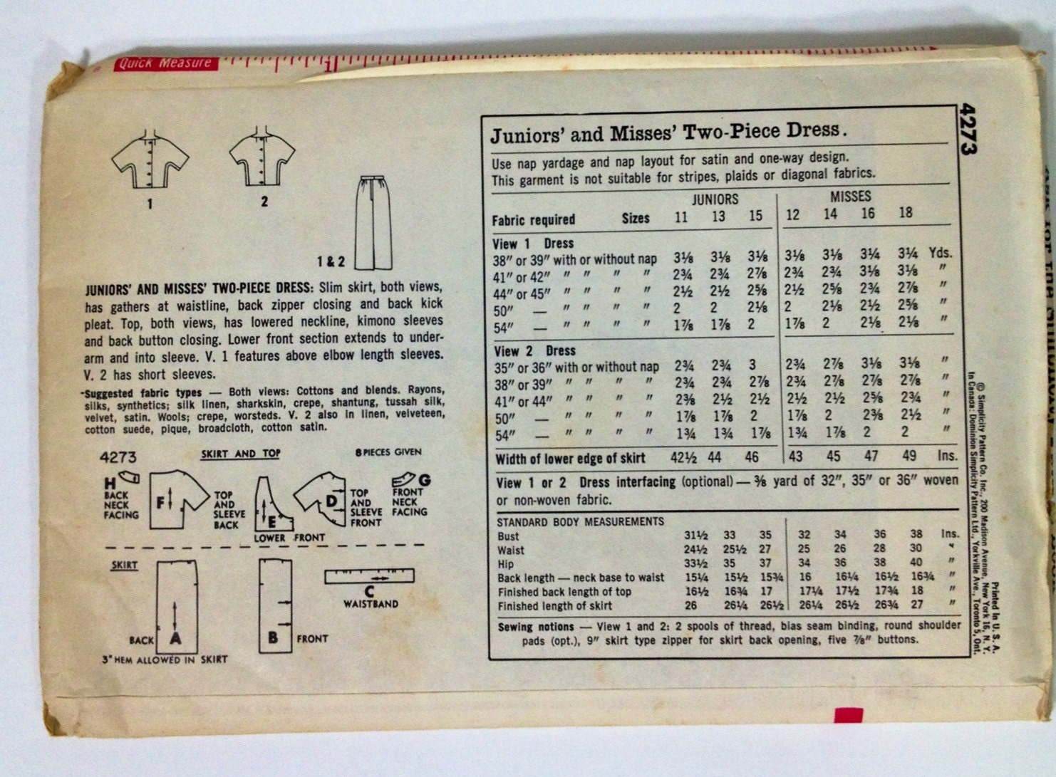 Vintage Pattern 1960s simplicity 4273 Sewing Dress Two piece