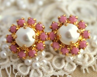 Pink Crystal with pearls post stud earrings - 14k plated gold real swarovski rhinestones.