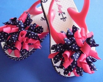 Nautical Anchor Flip Flops - Hot Pink & Navy Blue Swiss Dot - Korker Bows...Toddler Size 8 (2T)