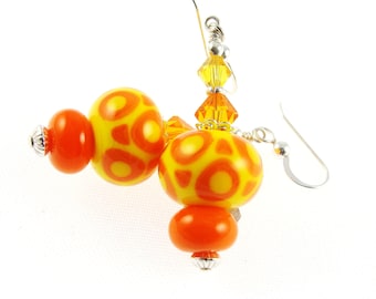 Glass Bead Jewelry, Yellow Orange Lampwork Earrings, Lampwork Jewelry, Dangle Earrings, Colorful Earrings, Beadwork Earrings