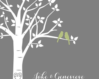Personalized Wedding Gift, Family Tree, First Anniversary Paper Gift, Love Birds Wedding, Gifts for Bride, Wife, 8"x10" (Olive/Gray)