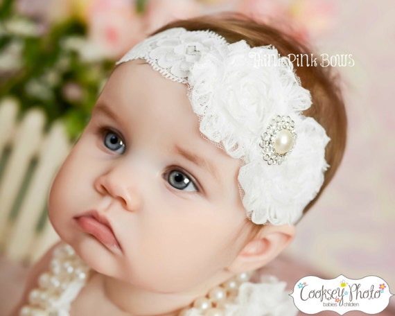 White baby Headband, shabby chic headband, christening headband, baptism Headband,Lace Headband, girl headband, baby bows, Hair bows, # 22 by ThinkPinkBows