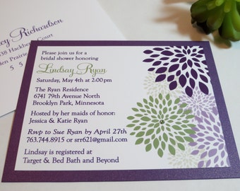 Shimmer Metallic or Matte backing Dark Purple Violette Violet Sage Green Crystal Wedding Bridal Shower Invitations Invitation Invites Invite