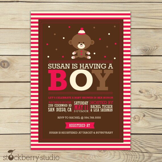 Sock Monkey Baby Shower Printable Party Invitation 5x7 Red, Brown,Cream Il_570xn