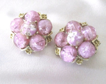 Pink Confetti Bead Earrings Signed Kramer, Mid Century Cluster Earrings, Clip On