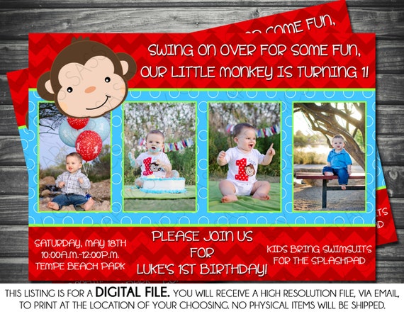 Boy Birthday Invitation - Photo, Monkey Theme, Red Chevron, Blue Polka Dots, Printable, Digital Il_570xn