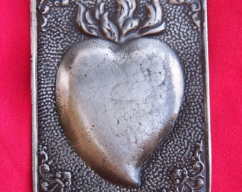 Tin/Silver Sacred Heart Milagro Ex Voto Plaque