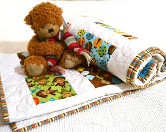 Baby Boy Quilt, Minky Blanket, Monkeys Owls Kids Bedding, Green 