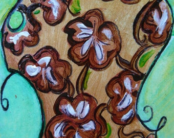 Floral Expressionist ACEO "Funny coffee flowers framed in green" Mixed media Original by Gioia Albano