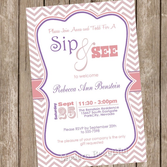 Sip and See Baby Shower Invitation Pink and Purple Chevron