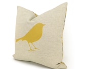 Decorative pillow cover, Throw pillow - Mustard yellow bird print on natural canvas and geometric back in 16x16