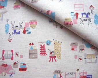 Japanese Fabric Kokka, Vintage Sewing Fabric, Kawaii Fabric, Printed Canvas, Cotton Linen, Kids Fabric, Bag Fabric/I love Sewing/half yard