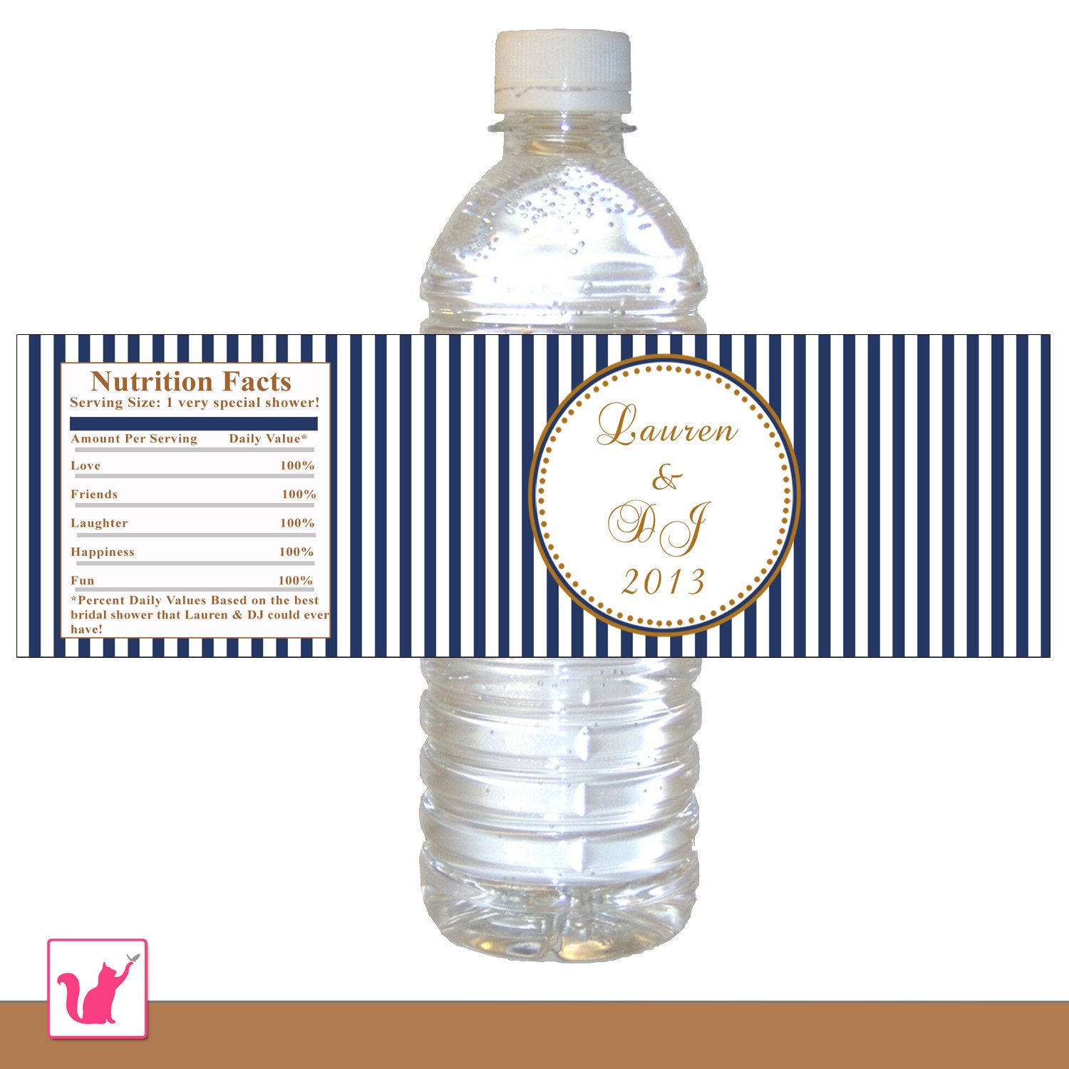 Printable Personalized Navy Blue Gold Stripes Water Bottle