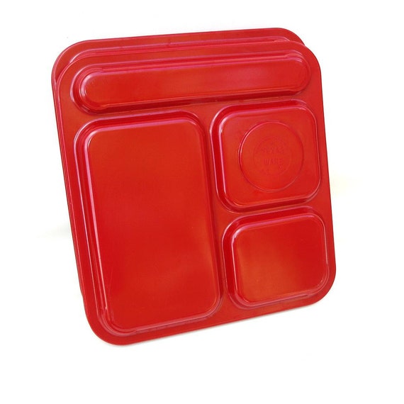 Vintage Cafeteria Trays Set of 4 Divided Plates Red Plastic