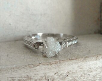 14 k white gold- mounted raw rough diamond - solitaire-promise- engagement ring