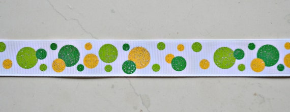 Green and yellow glitter dots on white 7/8" grosgrain ribbon- St Patricks day Oregon Ducks Il_570xn