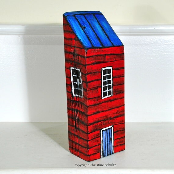 Painted Wood Block Primitive Folk Art Red House