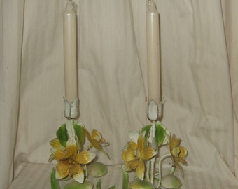Vintage Italian Tole candlestick candelabra daffodil Italian tole metal flowers chippy crusty Italian tole candle holder candleholder