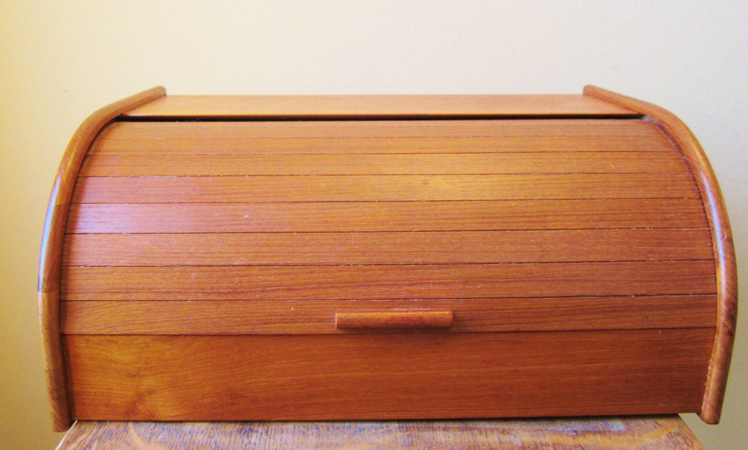 Vintage Teak Bread Box Roll Top Storage Tambour Lid Circa