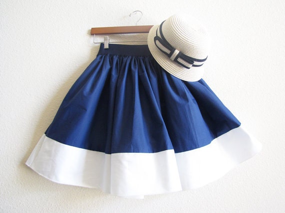 Nautical Navy Blue and Summer Cotton White Sailor Mori girl Full skirt with Pockets