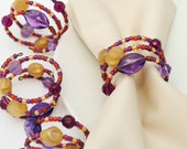 Beaded Napkin Rings - Set of 4 - Purple, Fuchsia, Orange and Gold - Spiral - Bold