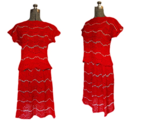 Vintage 1960s Ribbon Knit Dress 60s Red Two Piece Skirt Set