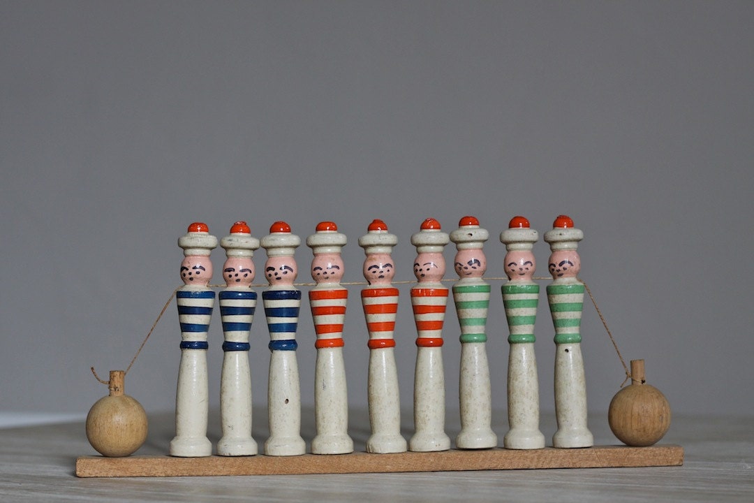 Rare Set of 9 French Bowling Pins Skittles 1940