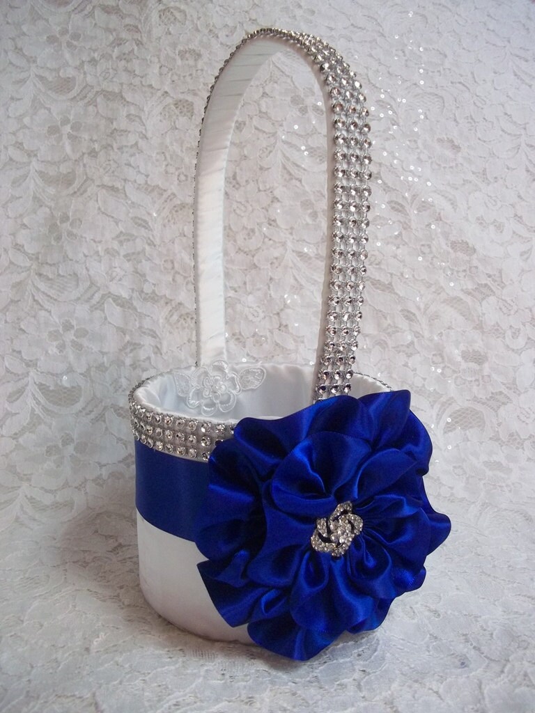White Flower Girl Basket with Royal Blue by AllAHeartDesires