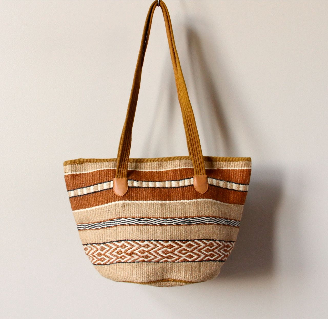 Boho Basket Bag woven jute rope striped hippie purse 80s 90s