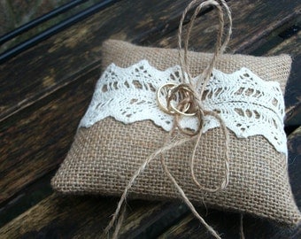Burlap Rustic Ring Pillow with Cream or White cotton Lace small 5x5 inches