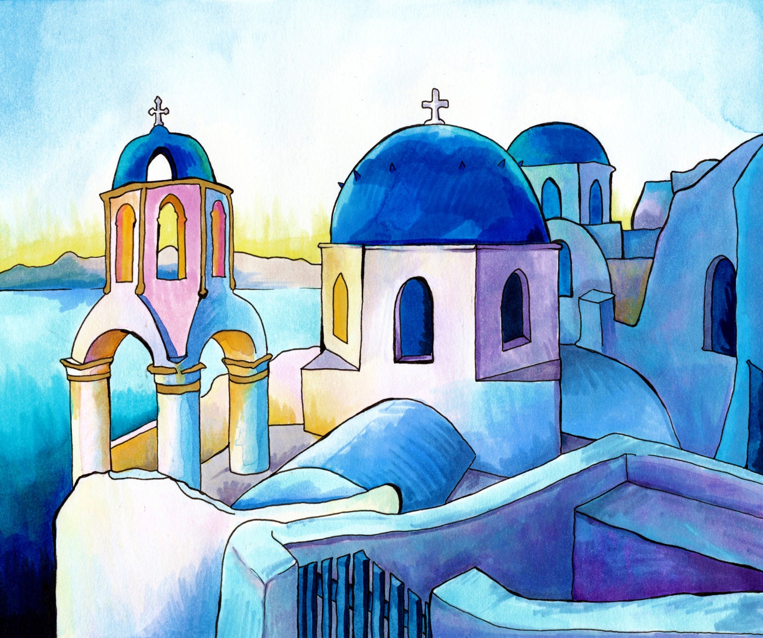 Mykonos Greece Print Copic Marker and Watercolor