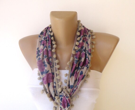 purple scarf floral scarf pom pom scarf women Fashion scarf