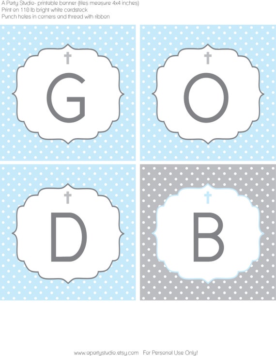 Polka Dot Baptism- Blue and Grey Banner with Name- Print your own Il_570xn