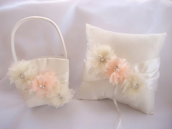 Wedding Pillow and Basket -  Peaches and Cream Ivory Ring Bearer Pillow,  Vintage CUSTOM COLORS  too Wedding Pillow